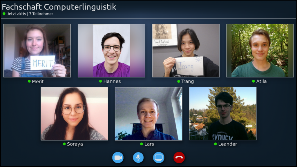 Abbildung der Mitglieder (Lars, Merit, Trang, Timothy, Mattea, Stella) des Fachschaftsrates 2021 in einer Videokonferenz