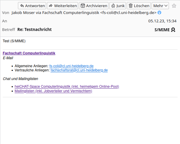 Screenshot einer E-Mail von fs-coli@cl.uni-heidelberg.de im Mailprogramm Thunderbird. Rechts neben dem Betreff steht "S/MIME", gefolgt von einem stilisierten Siegel.